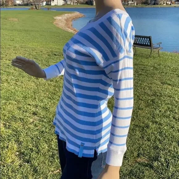 Lauren Ralph Lauren Women's White Blue Stripe Waffle Long Sleeve Sweater Top S - Picture 4 of 8